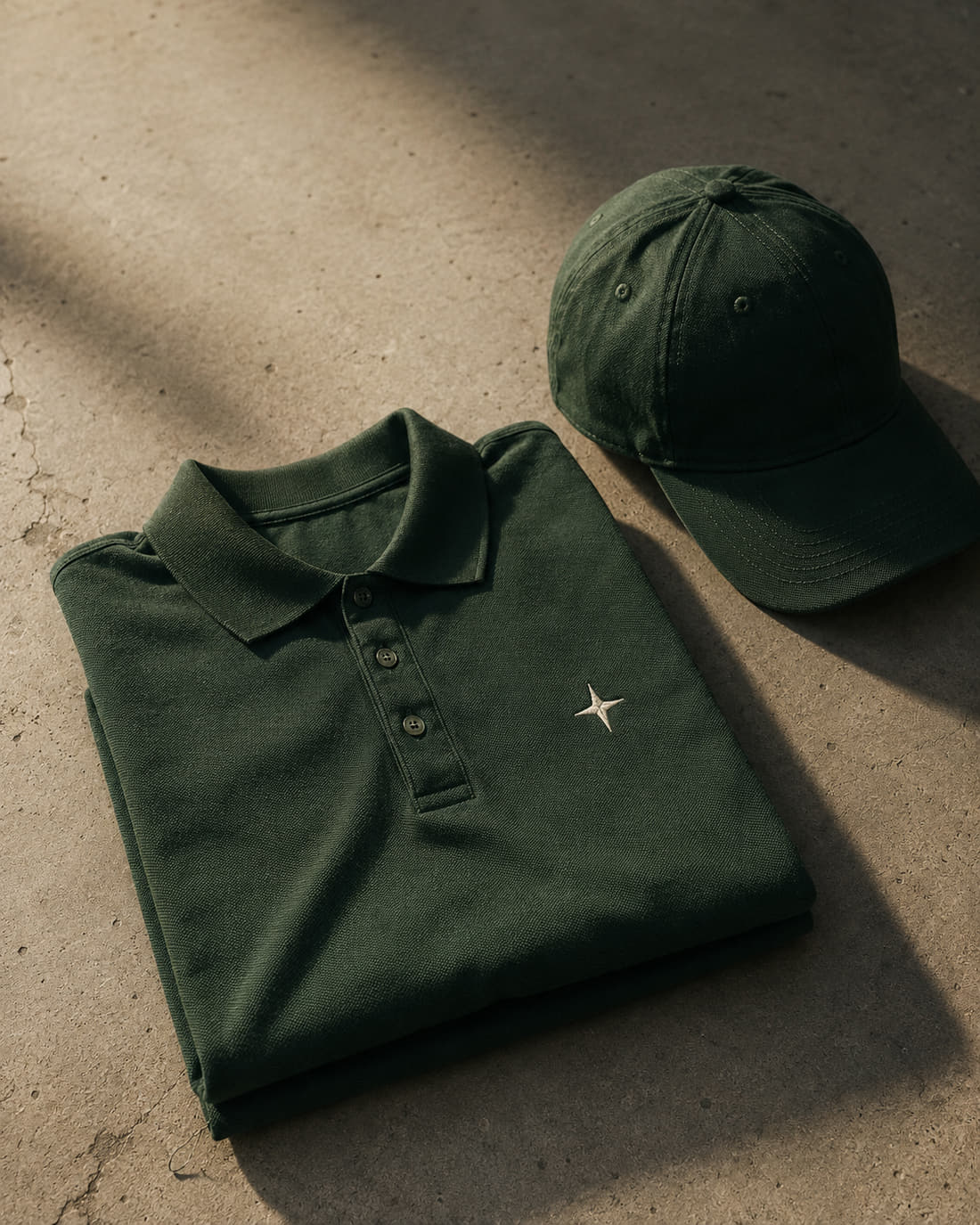 A folded dark green work polo and a matching cap laid on raw concrete in hard, low sunlight.