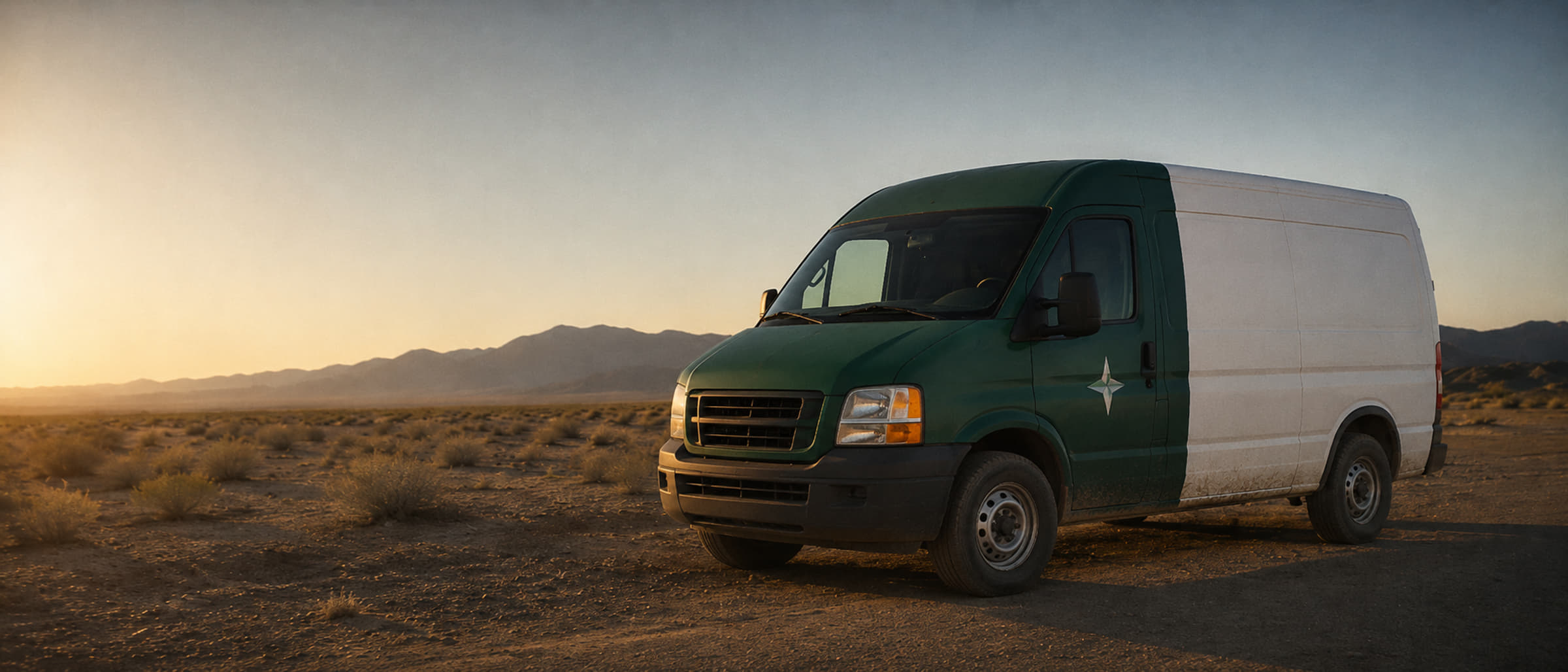 A green and white work van parked on open desert ground at sunset, with low mountains on the horizon behind it.