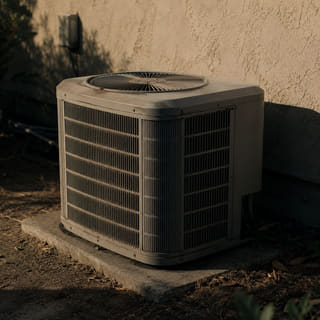 An air-conditioning condenser unit beside a stucco wall in warm evening light.
